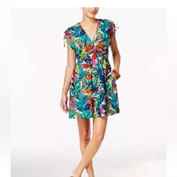 LAUREN RALPH LAUREN TROPICAL SWIM SUIT COVER WITH ADJ. SLEEVES&SIDE SPLITS - Picture 3 of 13